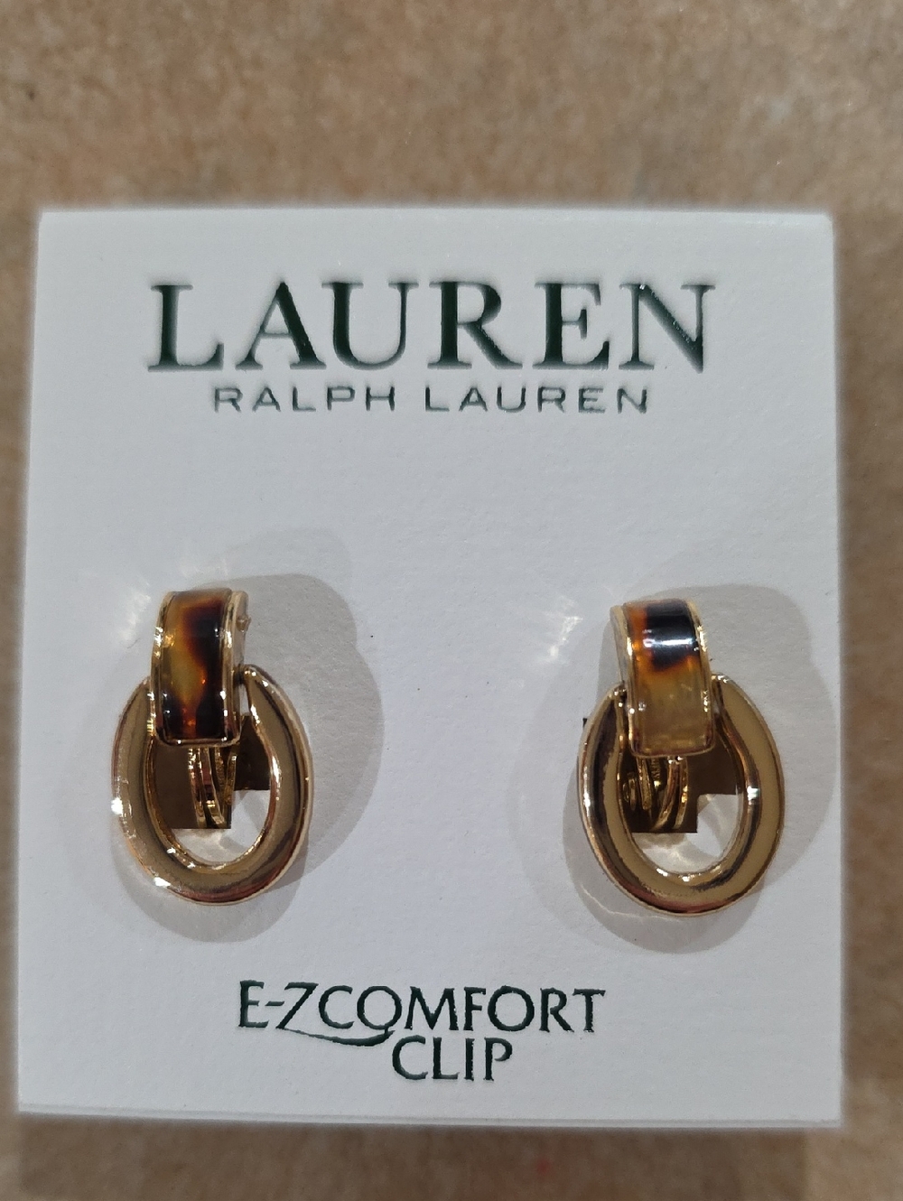 Lauren Ralph Lauren Gold Hoop Earrings w/Tortoiseshell Accents Clip On